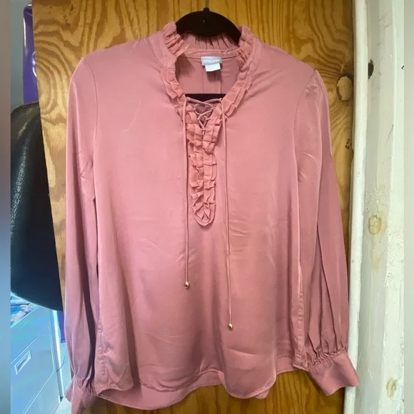Chicos Sandwashed Satin Ruffle Blouse - Picture 8 of 10